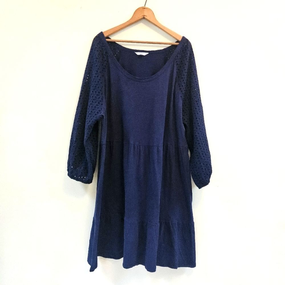 Dress Women Sz XXXL Navy Blue Tiered 3/4 Length Eyelet Sleeves Cotton Time & Tru